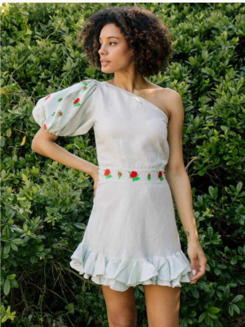 Fanm Mon Flame One-Shoulder Mint Green Mini Dress Rose Ruffle Puff Sleeve